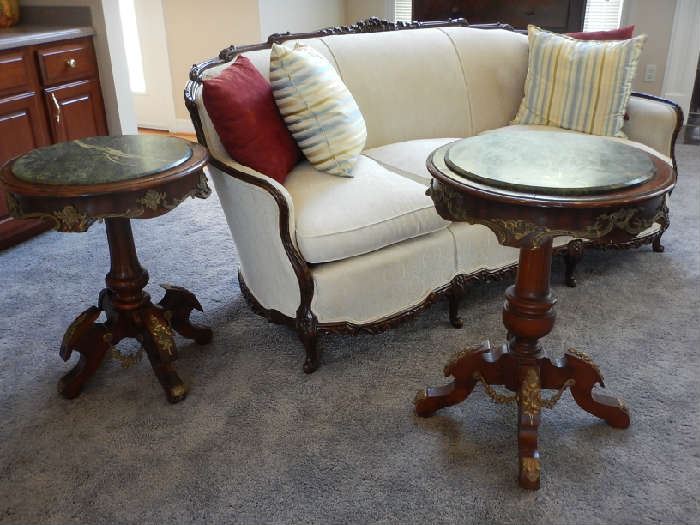 SOFA WITH CARVED BACK AND MARBLETOP PEDESTAL TABLES