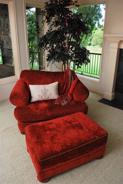 Oversized Red Love Seat with Matching Ottoman, 2 Seats