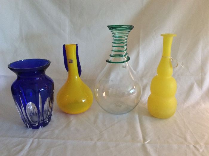San Carlos Crystal Vase, Blenko Yellow Bud Vase, Blenko Clear Vase, LUX Italian Yellow Vase.
