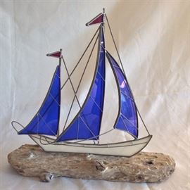 Driftwood and Stained Glass Sail Boat.