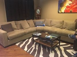 Microfiber sectional sofa, coffee table & rug
