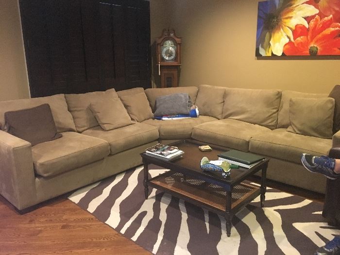 Microfiber sectional sofa, coffee table & rug