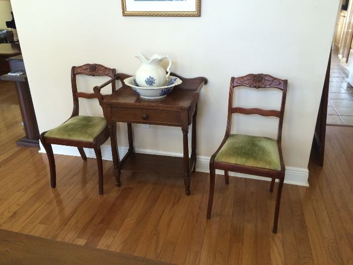 Two matching Roseback Chairs ,antique washstand,and Pitcher and Bowl