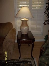 matching side table, lamp, brown/tan couch