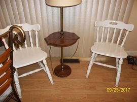 combination lamp and table, pair white chairs