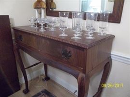 server, wall mirror, glassware, lamp