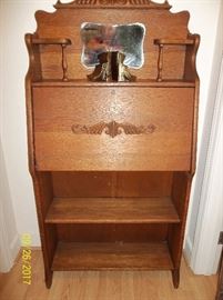 Oak writing desk, P.M. Craftsman brass book bookends