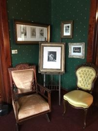 Victorian furniture.  Framed prints