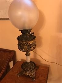 Electrified Victorian lamp with etched shade.  Note onyx pedestal