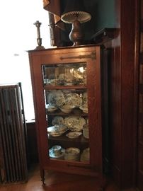 Quarter sawn china or display cabinet with set of Nippon dishes inside