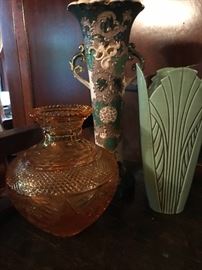 Amber cut glass vase, signed porcelain vase