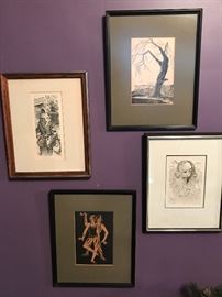 Assorted framed prints.