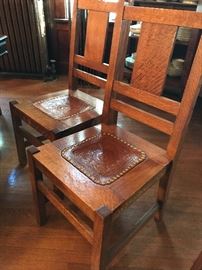 Set of 8 oak Arts & Crafts solid quarter-sawn oak chairs with replaced seats.  