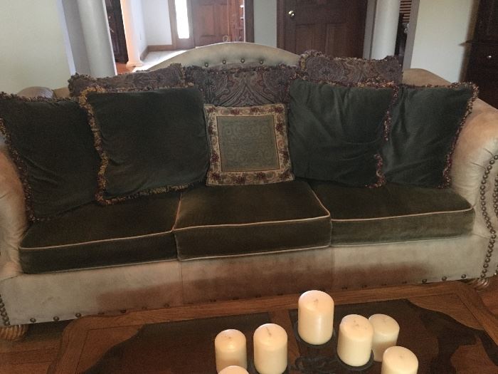 Nice sofa with nail head and leather trim/piping