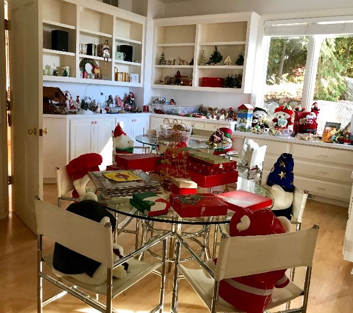 Christmas room along with multiple sets of Director's Chairs and Tables.