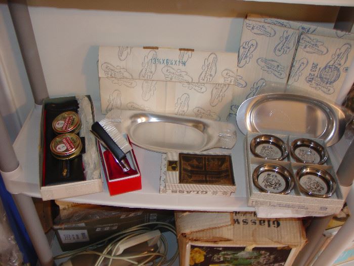 new in box vintage items- serving pieces, Houze glass, Shoe care items