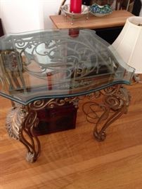 coffee table and side tables, bronze with glass tops