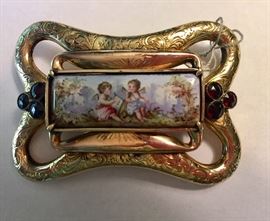 Art Nouveau Hand Painted gold pin with garnets