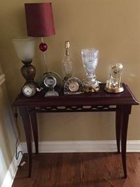Crystal clocks. Lamps, Sofa table (landing strip for mail, keys, etc)