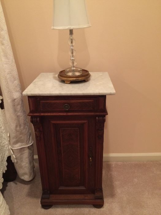 One of a PAIR of antique marble-top night stands.