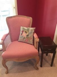 Cheerful checkered chair with nice antique side table!