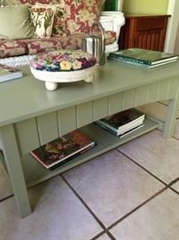 Farm house style soft green coffee table, just perfect for this sunroom!