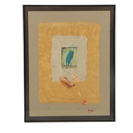 Jane Kelly Morais Mixed Media Collage "Parrots": A mixed media collage, titled Parrots by artist Jane Kelly Morais. This work features a central pair of blue parrots held in a textured border flanked by pressed flower petals. The collage also features giclee and handmade paper, and includes a handwritten artist signature to the lower margin, in addition to a title. The work is presented under glass in a dark metal frame with hanging wire to the verso.