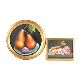 H.E. Kirstel Still Life Oil Paintings: A pair of oil paintings on panel by an H.E. Kirstel. These still life paintings include one circular piece depicting a plum and two pears on a plate and another depicting a cluster of grapes with three pastries on a shelf. Both are signed to a lower area and presented in gold tone wood frames. The rectangular piece is wired for hanging.