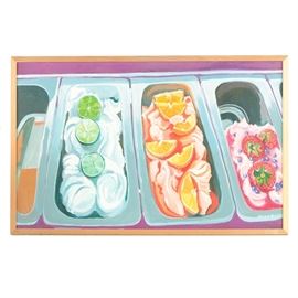 Olin Yoder Oil Painting on Canvas of Food Trays: An original acrylic on canvas painting of food in buffet servers. This painting depicts four aluminum “third pans” containing fruity deserts. The work is signed in the lower right of the canvas “Yoder”. It is presented unframed, with a hanging wire to the verso. Also included to the verso is an artist identification card.