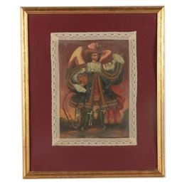 Oil Painting on Canvas of Angel of Cuzco: An oil painting on canvas of Archangel of Cuzco. This painting depicts archangel Uriel, who was a popular subject of many Cuzco School artists, posed in full body portraiture. He is presented in Renaissance-era clothing, including a navy blue, brass patterned shirt accented with ruffled sleeves and chest piece, as well as a feather hat and boots. He gracefully raises one hand, holding a house with the other, while his wings arch behind him. The unsigned painting is presented under glass beneath a lace trimmed maroon mat in a gold tone wooden frame with hanging wire and an article about the Angels of Cuzco to the verso.