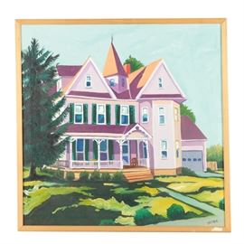 Olin L. Yoder Oil Painting of Victorian House: A signed oil painting on canvas of a Victorian house by Olin L. Yoder. Signed by hand to the lower right corner, the painting with some impasto details depicts a lilac and white Victorian house surrounded by trees and a paved walkway. The painting is presented in a stained wood frame. A wire for hanging purposes and the artist business cards are present to the verso. Additional information about the artist is available via the link below to his website.