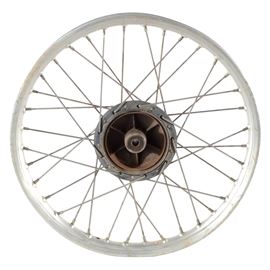 2008 Spoked Motorcycle Wheel Rim: A 2008 motorcycle wheel rim. This rim features criss-crossing spokes in a chrome metal rim. Rim displays a sticker marked “D.I.D I 60 × 2 I” and the rim is imprinted " J 21X160 1 80 DOT" and “D.I.D Japan 160 × 21 96 2008 07—”*