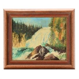 Paul Meinberg Miniature Oil Painting of a Landscape: An original miniature oil painting on canvas board of a landscape Upper Mesa Falls by artist Paul Meinberg. Thi painting depicts a waterfall in a pine forest with boulders in the foreground. Thick paint is used in areas to enhance the depth and atmosphere of the painting. The painting is signed to the lower right and is presented in a dark stained carved wood frame.