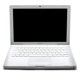 13" MacBook Laptop: An Apple MacBook laptop computer, model MA700LL/A, serial number W871608FWGL, with a 13" screen and a white plastic case. It runs OS X Snow Leopard 10.6.8 v1.1, and has a 2 GHz Intel Core 2 Duo processor and a 80 GB hard drive with 1 GB of RAM. It includes a charger and was in working condition at the time of cataloging.