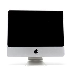 20" iMac Desktop: An Apple iMac desktop computer, model MC015LL/B, serial number YM01806TDMV, with a 20" screen and an aluminum tone metal case. It runs OS X El Capitan 10.11.6, and has a 2.26 GHz Intel Core 2 Duo processor and a 160 GB hard drive with 4 GB of RAM. It includes a power cord, wired keyboard, and wired mouse, and was in working condition at the time of cataloging.