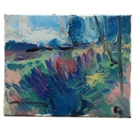 Jose Trujillo Original Oil Painting on Canvas "Lavender Hillside": An original 2017 oil painting on canvas by contemporary Mexican-American painter Jose Trujillo (born 1982), titled Lavender Hillside. The painting is a beautiful example of the bright, painterly landscapes the artist is best-known for. It depicts a hillside covered in foliage painted in striking shades of blue, teal, purple, red, peach, and yellow. Tall, thin trees rise along the right margin, and voluminous clouds fill the sky. The painting is signed to the lower left in black paint and is signed, titled, and dated to the verso. A certificate of authenticity from the artist is included. The painting is presented without matting or framing, awaiting your choice of presentation. More information about the artist can be found below under Additional Information.