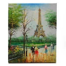 Burns Original Acrylic on Canvas Painting of Paris: An original late-20th century acrylic painting on canvas by an artist named Burns. The painting depicts a charming Parisian street scene painted in heavy impasto. Bright fields of paint illustrate figures walking through a park at the base of the iconic Eiffel Tower, surrounded by picturesque gardens and a few tall trees. The painting is signed in black to the lower right. It is presented without matting or framing, awaiting your choice of presentation.