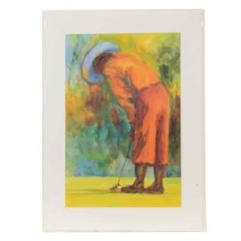 Barbara Chenault Giclée on Paper after "Just Puttin' Around": A giclée on paper after an original painting Just Puttin’ Around by contemporary Cincinnati artist Barbara Chenault. Chenault is known for her use of expressive brushwork and variety of subject matter. This print depicts a figure golfing in bright orange clothing against an abstracted green and brown background. A variety of transparent and opaque washes, along with pastel accents, enhances the composition. This piece is signed both in plate and by hand to the lower right and numbered (11/250) to the lower left. The print is double matted in green and white and awaits your choice of frame.