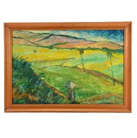 Roseli Hakim Oil Painting of a Tropical Landscape: An original oil painting on canvas of a tropical landscape by Balinese artist Roseli Hakim (1936). This painting depicts an aerial perspective of a tropical landscape. Thick paint, evident brush strokes, and expressive color lend an Impressionistic feel to this piece. This painting is signed and dated (60) to the lower right. It is presented in a natural wood frame and equipped to hang.