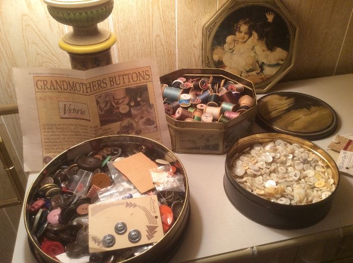 Vintage tins with buttons & thread
