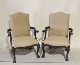 Upholstered pair carved arm chairs