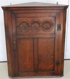 English hanging oak corner cupboard