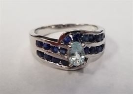 Aquamarine & sapphire sterling ring