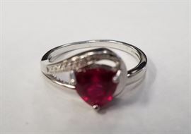 Trilliant cut ruby & diamond sterling ring