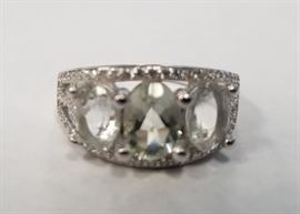 Green Amethyst & 2 aquamarine sterling ring