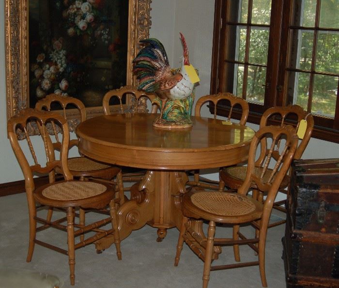 Antique Maple Pedestal Table and 6 Cane Seat Chairs