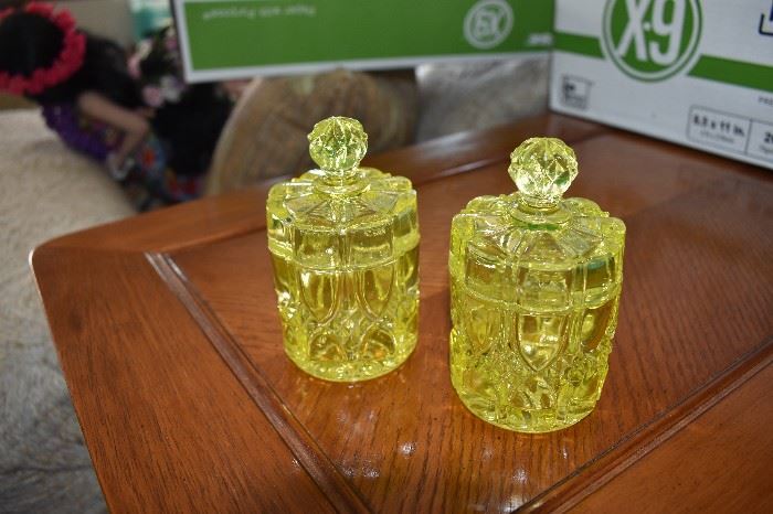 Matching Pair of Gorgeous Uranium/Vaseline Lidded Glass Jars