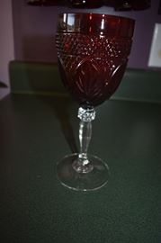 Gorgeous Ruby Glass Bowl Stemware with Cut Glass Stems ( set of 12 )