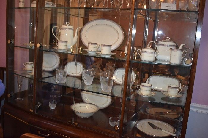 Noritake Sheer Ivory Bone China Service for 12 Stanford Court Pattern ( 113pcs ) *** and  Lenox "Windswept" Crystal ( 80+ pcs ) *** Plus *** Gorgeous Dining Suite in Immaculate Condition Features a " Knockout" Dining Table that seats 12 with 12 Matching Chairs with Leaves and Pads, a Beautiful China Cabinet that is absolutely  made for Great Display and Storage, Lovely Mirror Backed Server for Silverware and Other Special Dining Accessories, plus a matching "Romantic" (Throw Back to the 1920's) Glass Door Stemware Cabinet This One of a Kind Dining Room Set Suggests pure Dining Elegance from the moment you see it! A real prize for any Dining Experience!