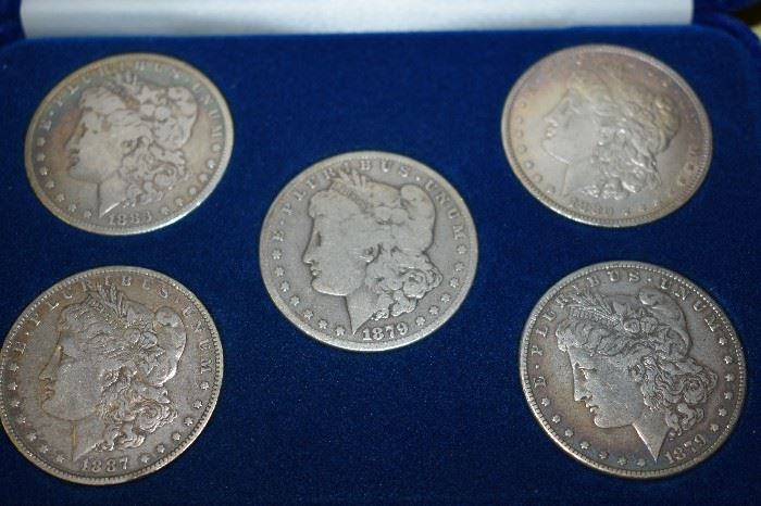 Morgan Silver Dollars: 1887o, 1883, 1879s, 1879, 1880